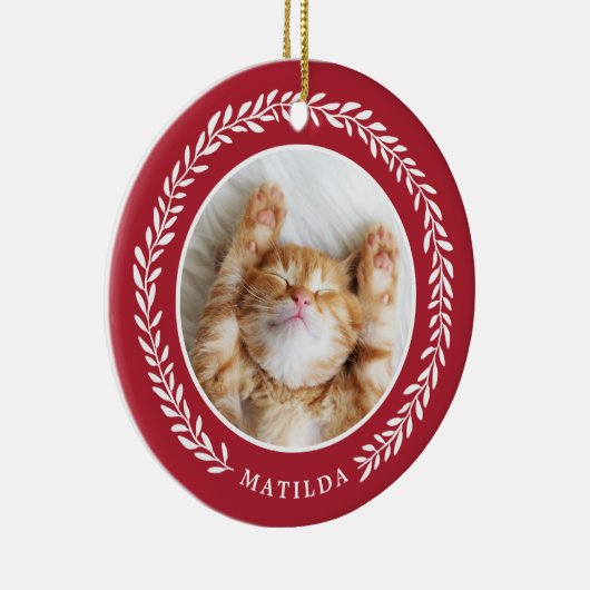 Laurel Wreath Pet Foto met Kerstmis | Rood Keramisch Ornament (Rechts)