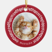 Laurel Wreath Pet Foto met Kerstmis | Rood Keramisch Ornament (Voorkant)