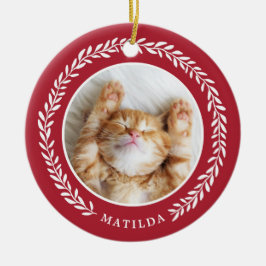 Laurel Wreath Pet Foto met Kerstmis | Rood Keramisch Ornament