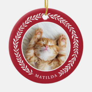 Laurel Wreath Pet Foto met Kerstmis   Rood Keramisch Ornament
