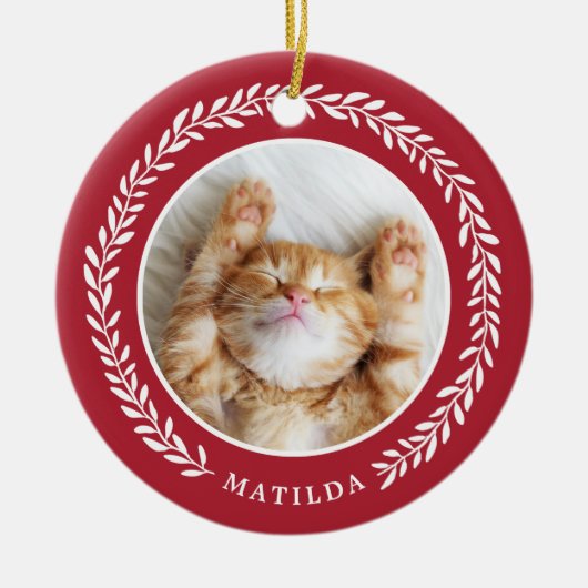 Laurel Wreath Pet Foto met Kerstmis | Rood Keramisch Ornament (Voorkant)