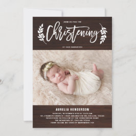Laurel Wreath Rustic Wood Foto Christening Kaart