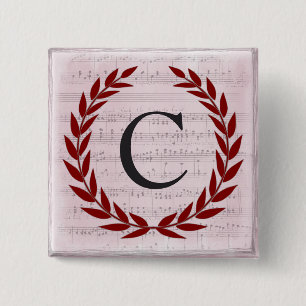 Laurel Wreath Sheet Music Monogram Initiaal C Vierkante Button 5,1 Cm