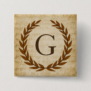 Laurel Wreath Sheet Music Monogram Initiaal G Vierkante Button 5,1 Cm