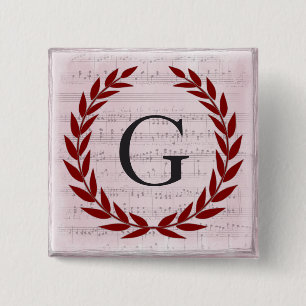 Laurel Wreath Sheet Music Monogram Initiaal G Vierkante Button 5,1 Cm