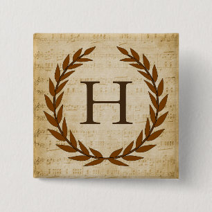 Laurel Wreath Sheet Music Monogram Initiaal H Vierkante Button 5,1 Cm