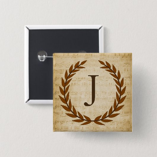 Laurel Wreath Sheet Music Monogram Initiaal J Vierkante Button 5,1 Cm (Voorkant /achterkant)