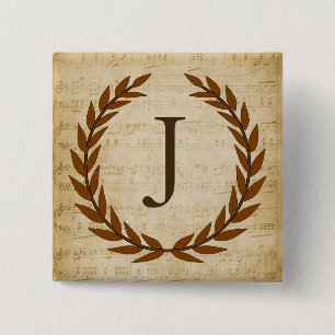 Laurel Wreath Sheet Music Monogram Initiaal J Vierkante Button 5,1 Cm