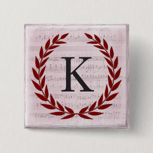 Laurel Wreath Sheet Music Monogram Initiaal K Vierkante Button 5,1 Cm