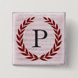 Laurel Wreath Sheet Music Monogram Initiaal P Vierkante Button 5,1 Cm