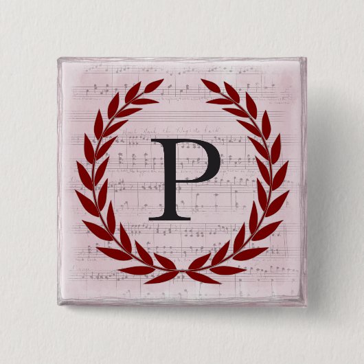 Laurel Wreath Sheet Music Monogram Initiaal P Vierkante Button 5,1 Cm (Voorkant)