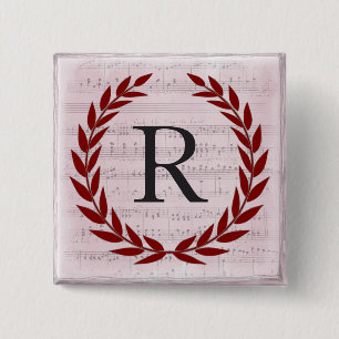 Laurel Wreath Sheet Music Monogram Initiaal R Vierkante Button 5,1 Cm