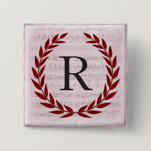 Laurel Wreath Sheet Music Monogram Initiaal R Vierkante Button 5,1 Cm (Voorkant)