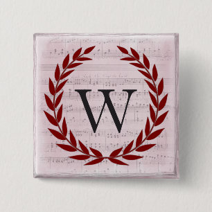 Laurel Wreath Sheet Music Monogram Initiaal W Vierkante Button 5,1 Cm