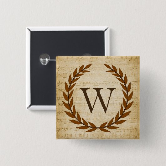 Laurel Wreath Sheet Music Monogram Initiaal W Vierkante Button 5,1 Cm (Voorkant /achterkant)