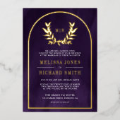 Laurel Wreath verlaat Royal Paarse bruiloft Folie Uitnodiging (Voorkant)