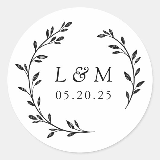 Laurel Wreath Wedding Monogram Ronde Sticker (Voorkant)