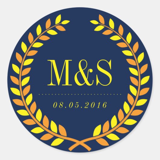 Laurel Wreath Wedding Sticker Navy Blue en Yellow (Voorkant)