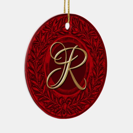 Laurel Wreatwith Gold Monogram in Red Keramisch Ornament (Rechts)