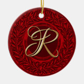 Laurel Wreatwith Gold Monogram in Red Keramisch Ornament (Voorkant)