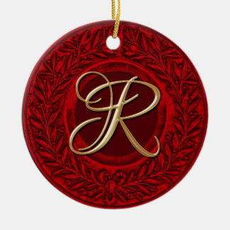 Laurel Wreatwith Gold Monogram in Red Keramisch Ornament