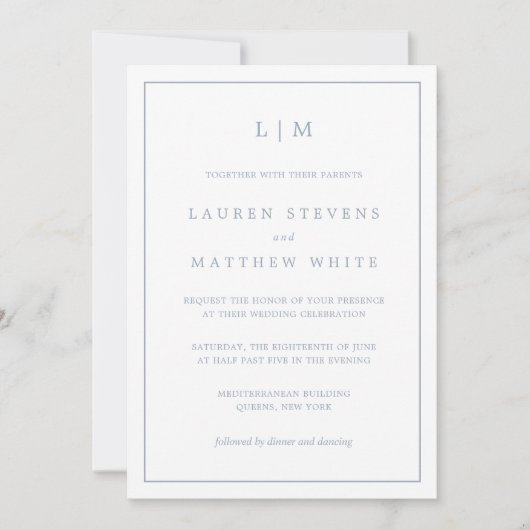 Lauren Dusty Blue Monogram Elegante bruiloft Kaart (Voorkant)