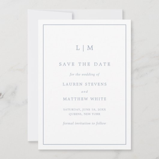 Lauren Dusty Blue Monogram Elegante bruiloft Save The Date (Voorkant)