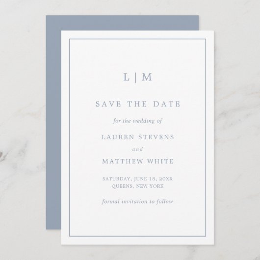 Lauren Dusty Blue Monogram Elegante bruiloft Save The Date (Voorkant / Achterkant)
