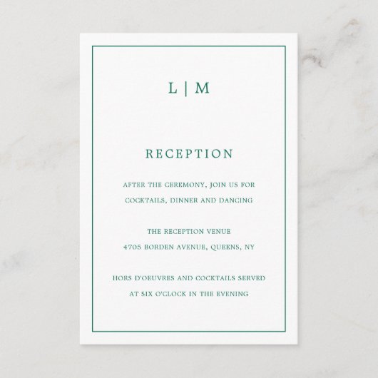 Lauren Emerald Groen Monogram Elegante Bruiloft Informatiekaartje (Voorkant)