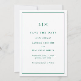 Lauren Emerald Groen Monogram Elegante Bruiloft Save The Date