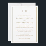 Lauren Goud Monogram Elegante Huwelijksreceptie Kaart<br><div class="desc">Eenvoudige aankondiging van het huwelijk met een uitnodiging voor ontvangst die alleen een modern maar elegant ontwerp bevat, met uw twee briefmonogram bovenaan en uw details omgeven door een dunne rand. Al tekst is in een faux goud, over een witte achtergrond en de achterkant is stevig zwart. De doopvonten en...</div>