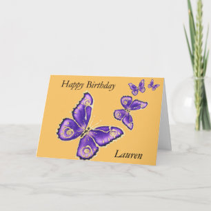 Lauren, Happy Birthday paarse vlinder kaart