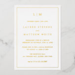 Lauren Monogram Elegante Huwelijksreceptie Folie Uitnodiging<br><div class="desc">Eenvoudige aankondiging van het huwelijk met een uitnodiging tot ontvangst met een modern, maar elegant ontwerp, met uw 2-Letter-monogram bovenaan en uw details omgeven door een dunne rand. Alle tekst en de rand aan de voorkant zijn in echte gouden folie. Een stijlvol en stijlvol ontwerp dat ideaal is voor een...</div>