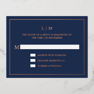 Lauren Navy Blue Monogram Elegante bruiloft Folie Uitnodiging Briefkaart