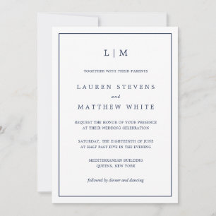 Lauren Navy Blue Monogram Elegante bruiloft Kaart