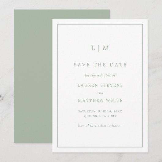 Lauren Sage Groen Monogram Elegante Bruiloft Save The Date (Voorkant / Achterkant)