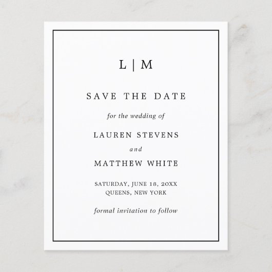 Lauren Zwart Wit Budget Bruiloft Save the Date Flyer (Voorkant)