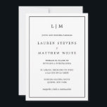 Lauren Zwart-wit Elegant Spaans Bruiloft Kaart<br><div class="desc">Eenvoudige Spaanse trouwuitnodiging met een modern, maar elegant ontwerp met uw twee Letter-monogram bovenaan en uw details omgeven door een dunne rand. Al tekst is in zwart, over een witte achtergrond en de achterzijde is stevige zwarte. De doopvonten en achtergrondkleuren kunnen in om het even welke kleuren worden veranderd u...</div>