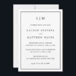 Lauren Zwart-Wit Elegante Huwelijksreceptie Kaart<br><div class="desc">Eenvoudige aankondiging van het huwelijk met een uitnodiging tot ontvangst met een modern, maar elegant ontwerp, met uw 2-Letter-monogram bovenaan en uw details omgeven door een dunne rand. Al tekst is in zwart, over een witte achtergrond en de achterzijde is stevige zwarte. De doopvonten en de achtergrondkleuren kunnen in om...</div>