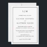 Lauren Zwart-Wit Elegante Huwelijksreceptie Kaart<br><div class="desc">Eenvoudige aankondiging van het huwelijk met een uitnodiging tot ontvangst met een modern, maar elegant ontwerp, met uw 2-Letter-monogram bovenaan en uw details omgeven door een dunne rand. Al tekst is in zwart, over een witte achtergrond en de achterzijde is stevige zwarte. De doopvonten en de achtergrondkleuren kunnen in om...</div>