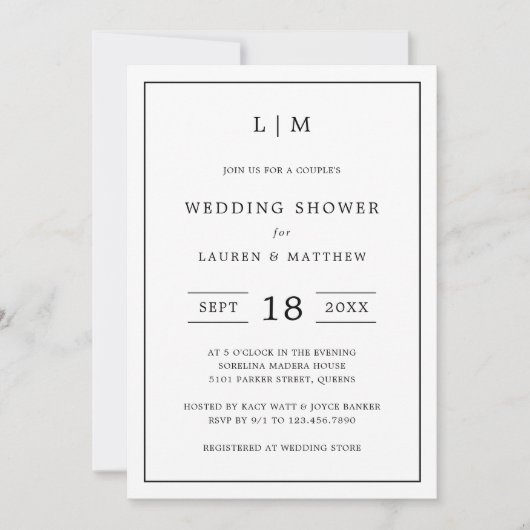 Lauren Zwart-wit Elegante Trouwdouche Kaart (Voorkant)