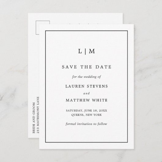 Lauren Zwart-wit Monogram Elegante bruiloft Aankondigingskaart (Voorkant / Achterkant)