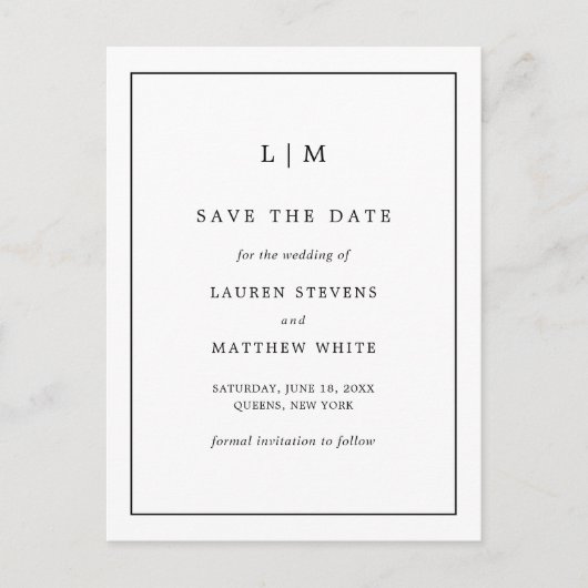 Lauren Zwart-wit Monogram Elegante bruiloft Aankondigingskaart (Voorkant)