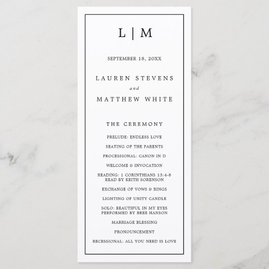 Lauren Zwart-wit Monogram Elegante bruiloft Programmakaart (Voorkant)