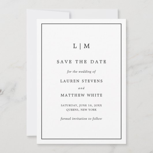 Lauren Zwart-wit Monogram Elegante bruiloft Save The Date (Voorkant)