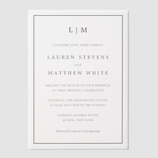 Lauren Zwart-wit Monogram Elegante bruiloft Vellum Uitnodigingen (Voorkant)