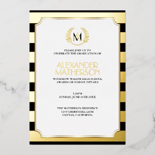Laurier Monogram Zwarte en FOIL Afstudeerfolie Folie Uitnodiging (Voorkant)