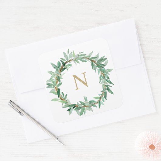 Laurier Olijf Takenkrans Monogram Sticker (Envelop)