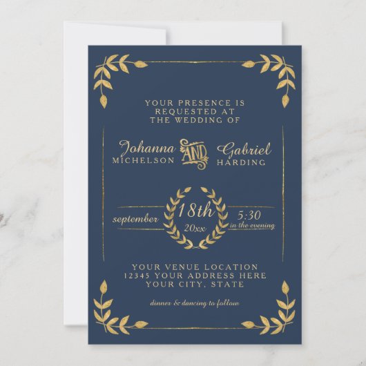 Laurierblad Typografie Navy Goud Moderne Trouw Kaart (Voorkant)