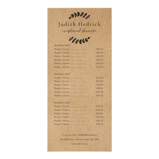 Laurierbladeren Rustic Kraft Salon Service Menu (Voorkant)